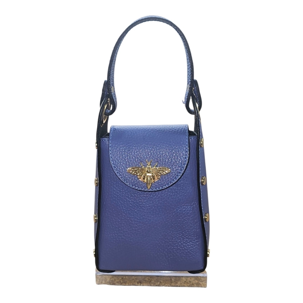 VERA PELLE Cassette Blue Mini Satchel/Crossbody with Gold Bee Accent & Chain - Picture 3 of 12